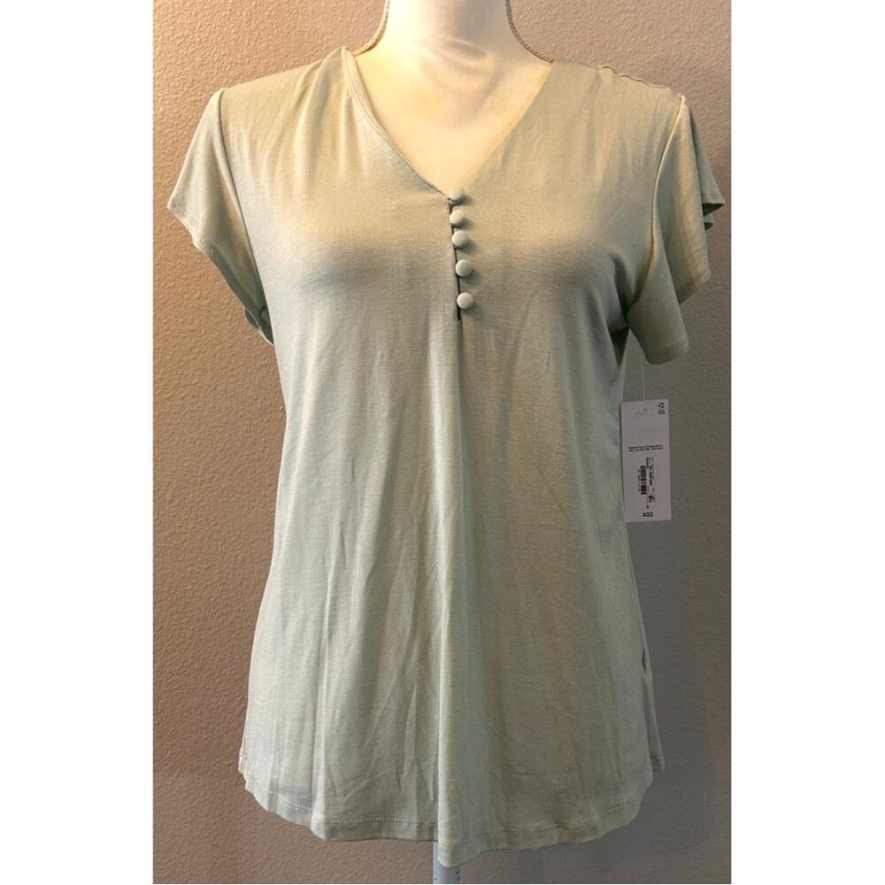 Liz Claiborne Sage Green V-Neck Button Detail Top NWT Small Minimalist Capsule